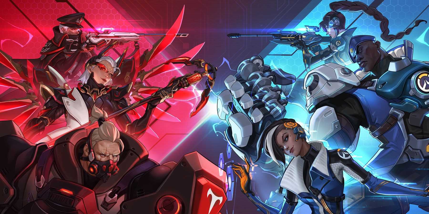 key art for mirrorwatch featuring opposite versions of ana, widowmaker, mercy, doomfist, reinhardt, and sombra