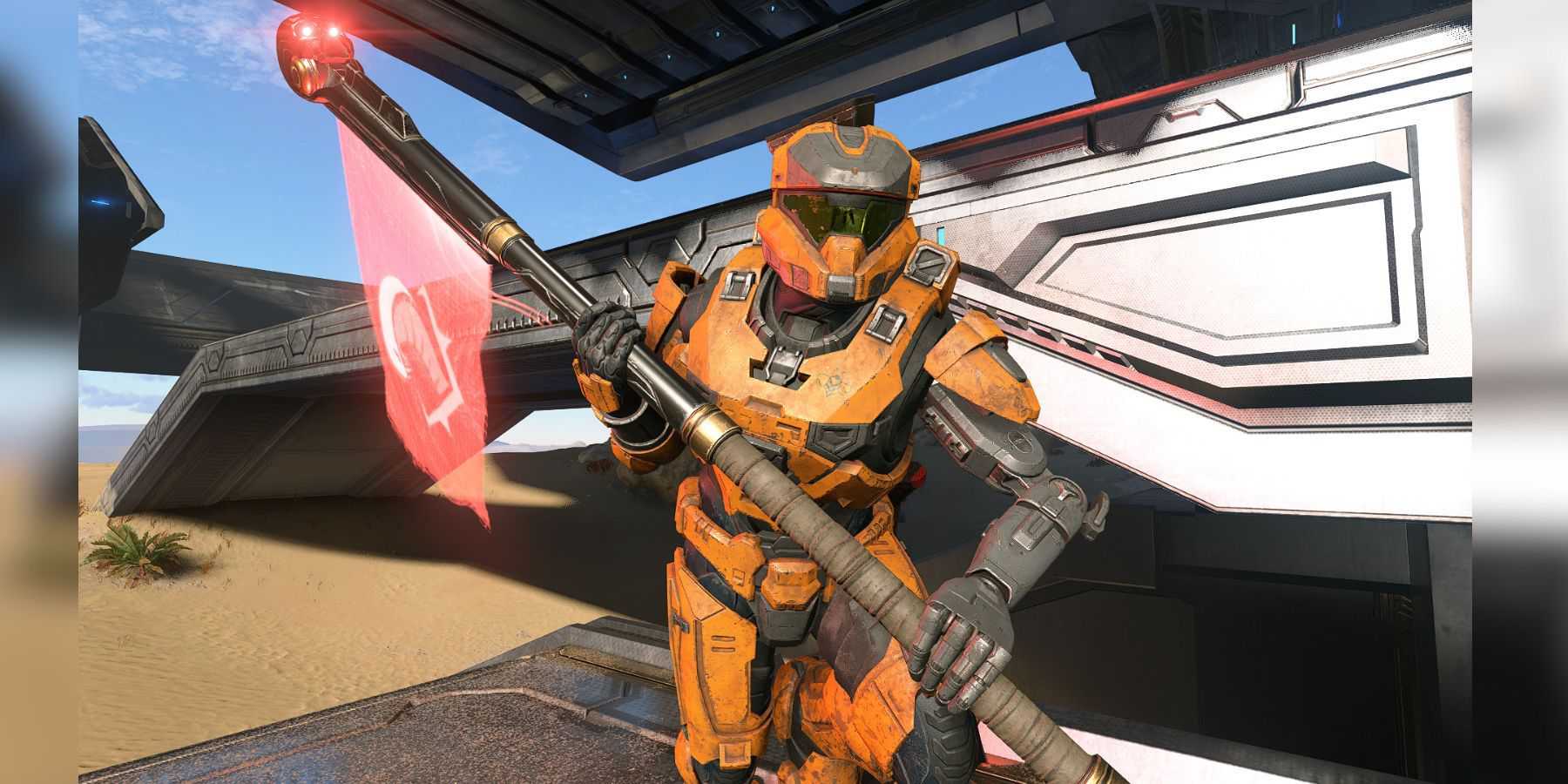 Halo Infinite Spartan Player Holding Red Team Flag In Multiplayer