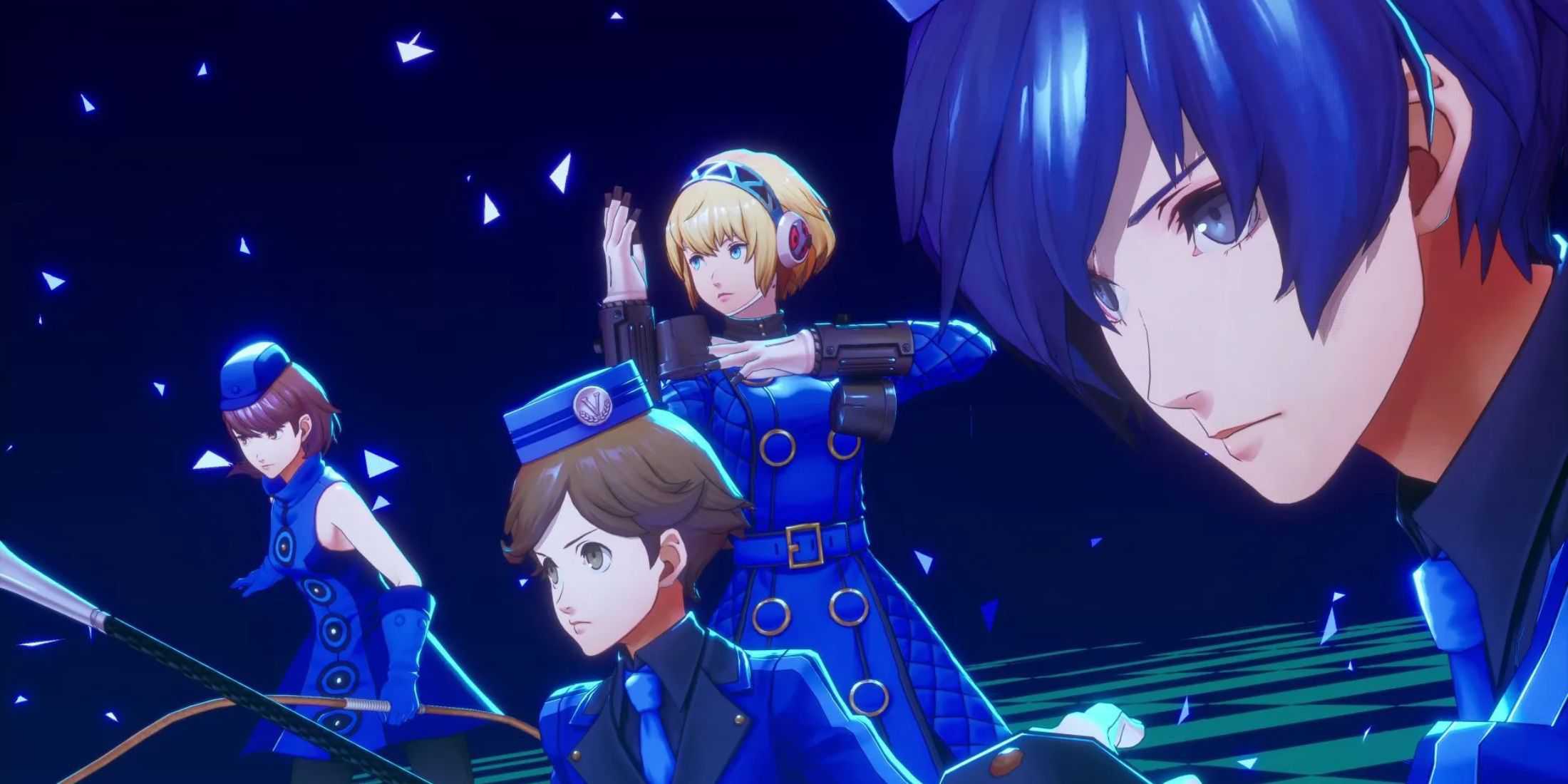 Party members in Persona 3 Reload wearing DLC outfits that are reminiscent of Velvet Room attendants. They are depicted left to right: Yukari, Ken, Aigis, Makoto Yuki Protagonist