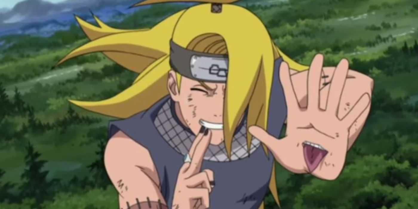 Deidara sorrindo enquanto detona C4 Garuda em Naruto: Shippuden