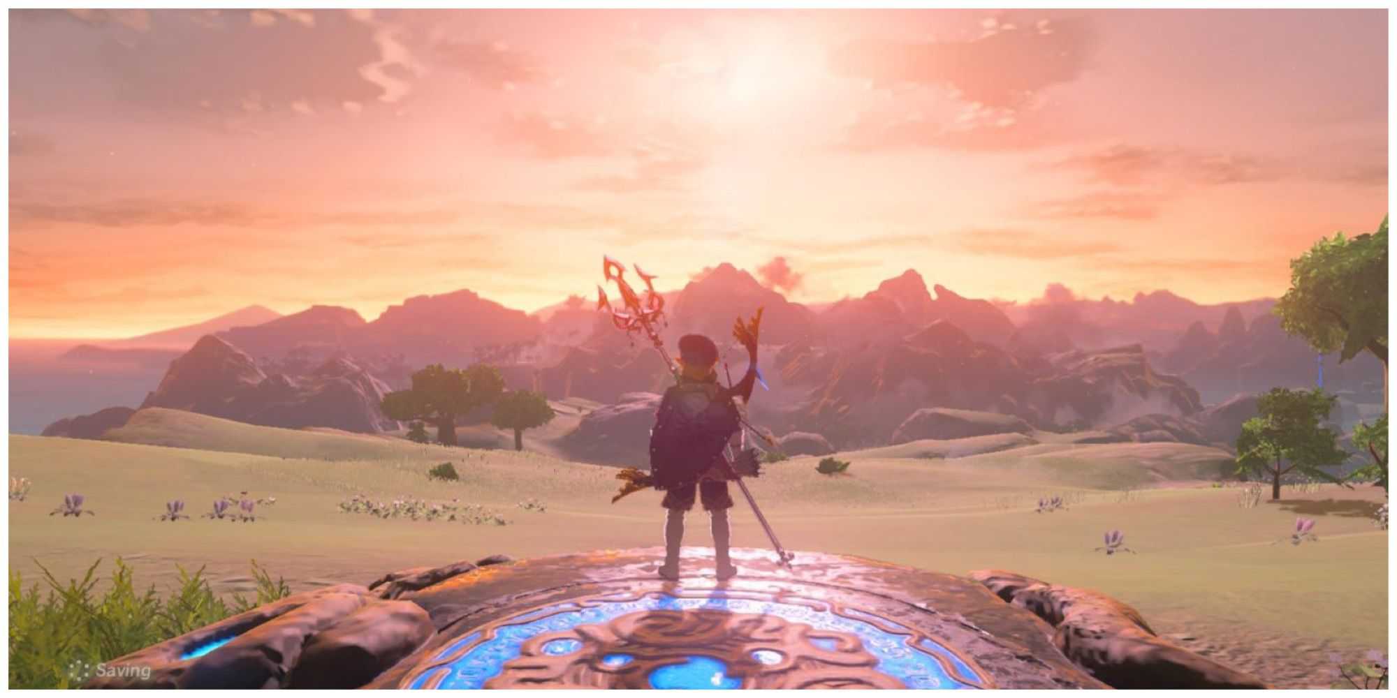 Breath of the wild main character link looking at the mountains during sunset