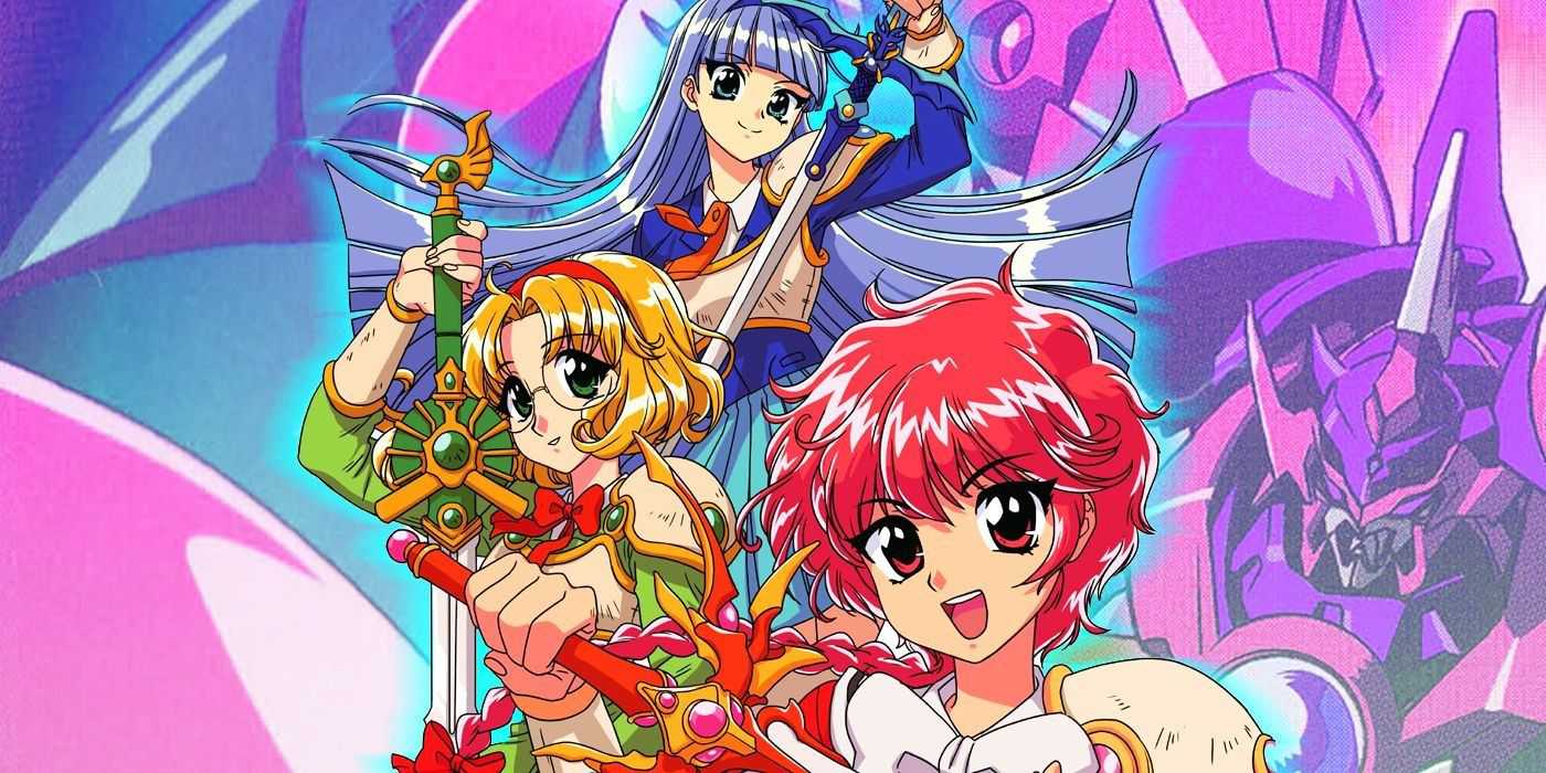 Uma imagem de três alunos da oitava série do Magic Knight Rayearth