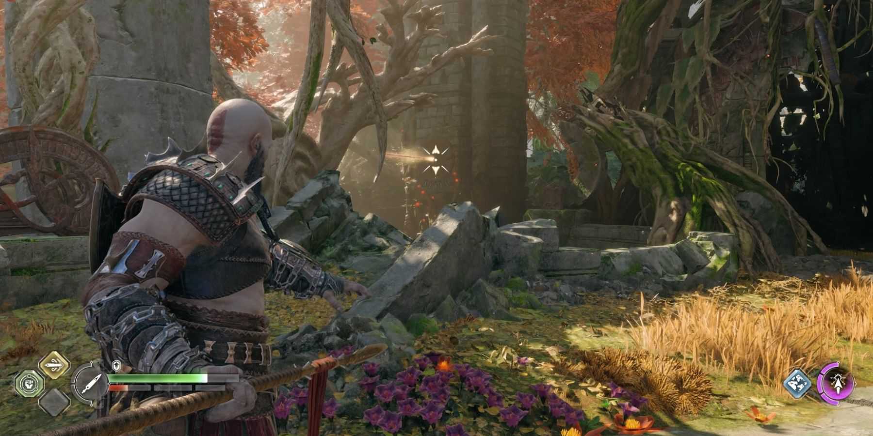 Kratos aims the Draupnir Spear at a Wind Spout in God of War Ragnarok