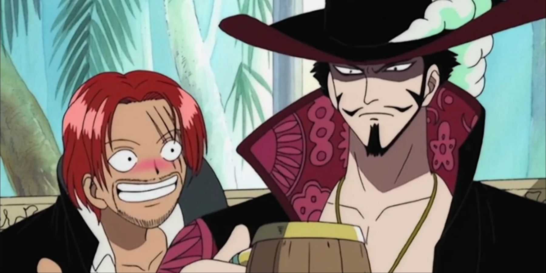 Shanks e Mihawk compartilhando uma bebida inteira