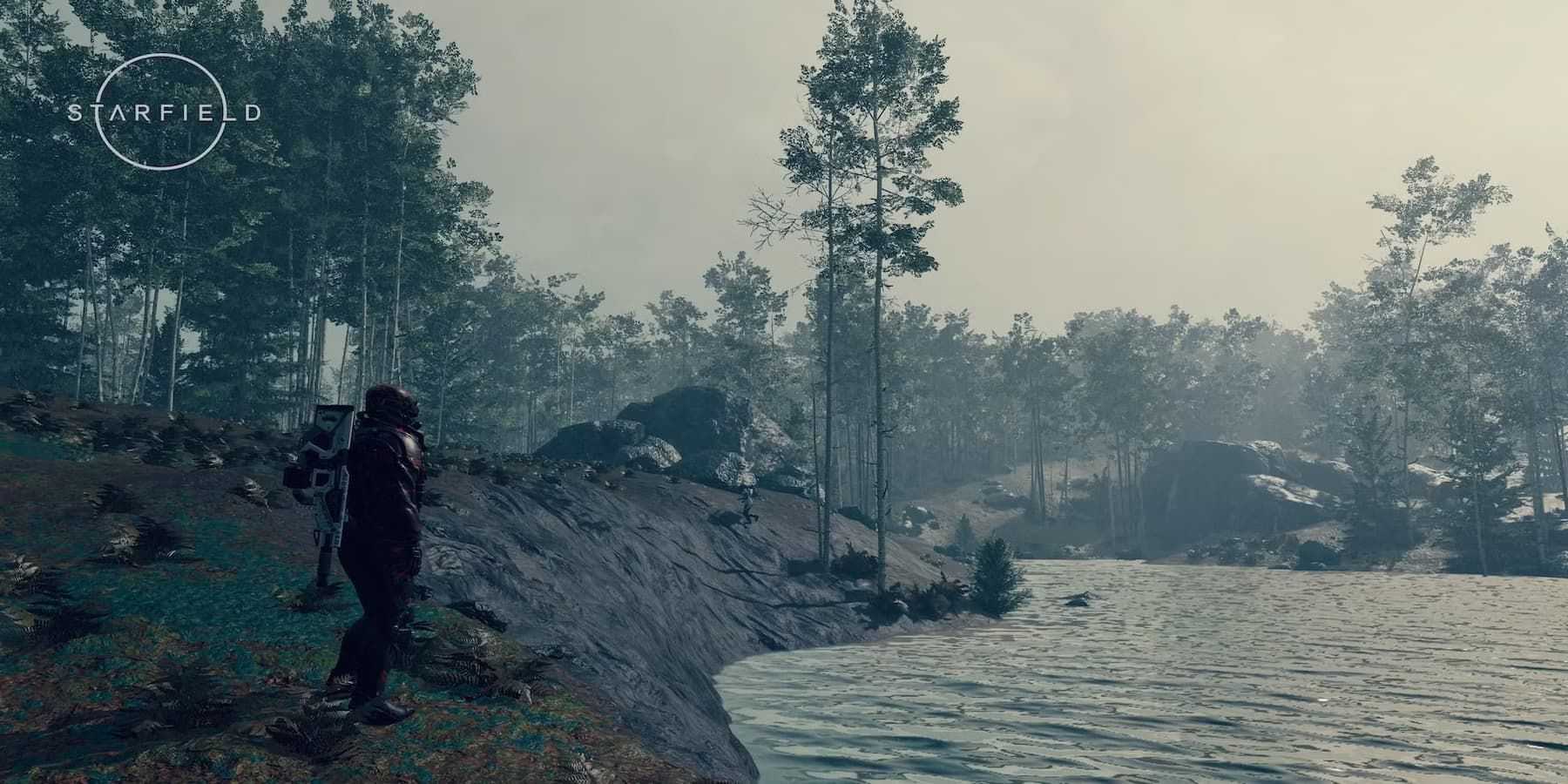 starfield character overlooking water body