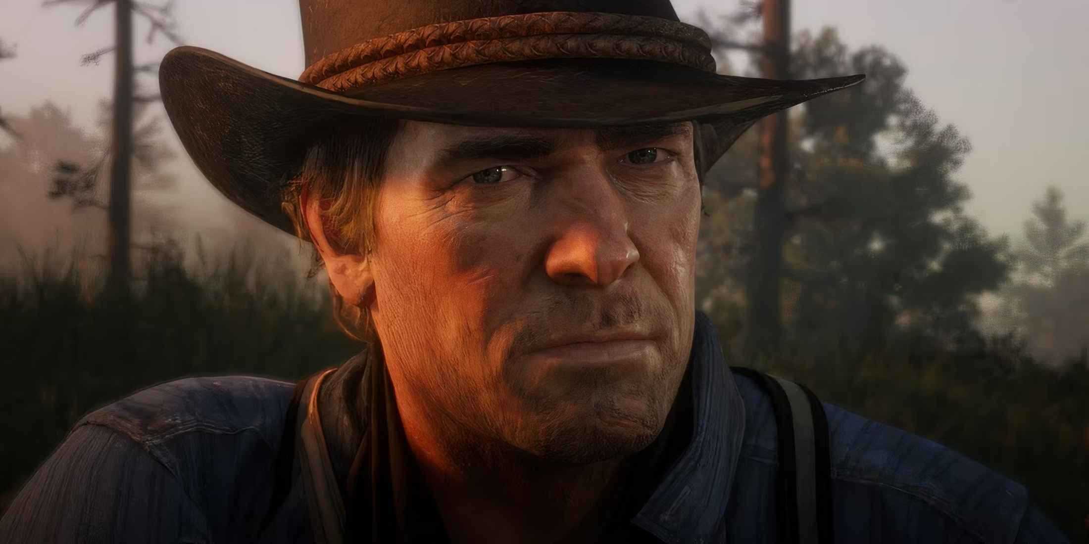 Arthur Morgan looks ahead with a concerned expression