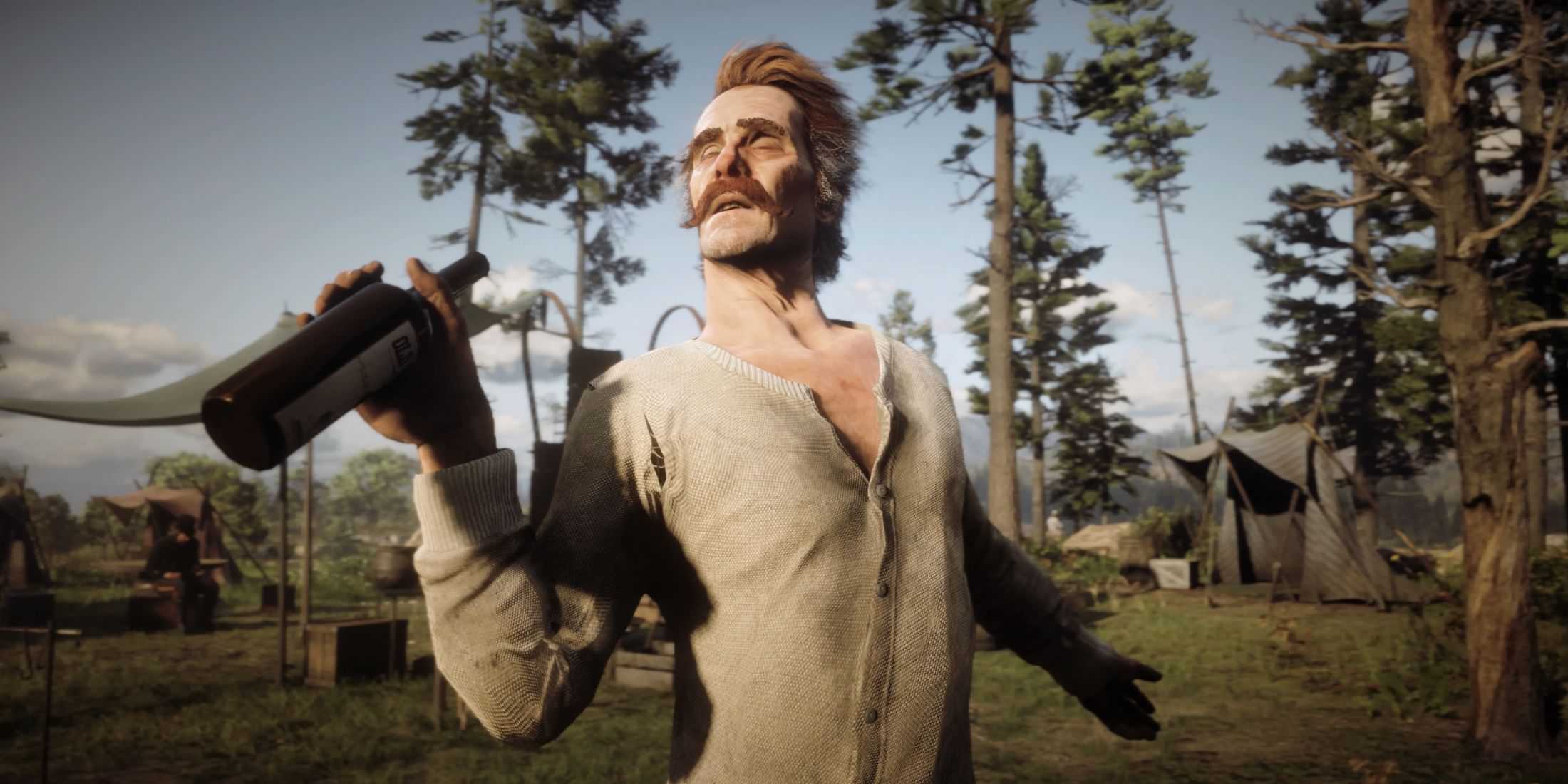 Red Dead Redemption 2 - Reverend Swanson posing with a bottle of wine