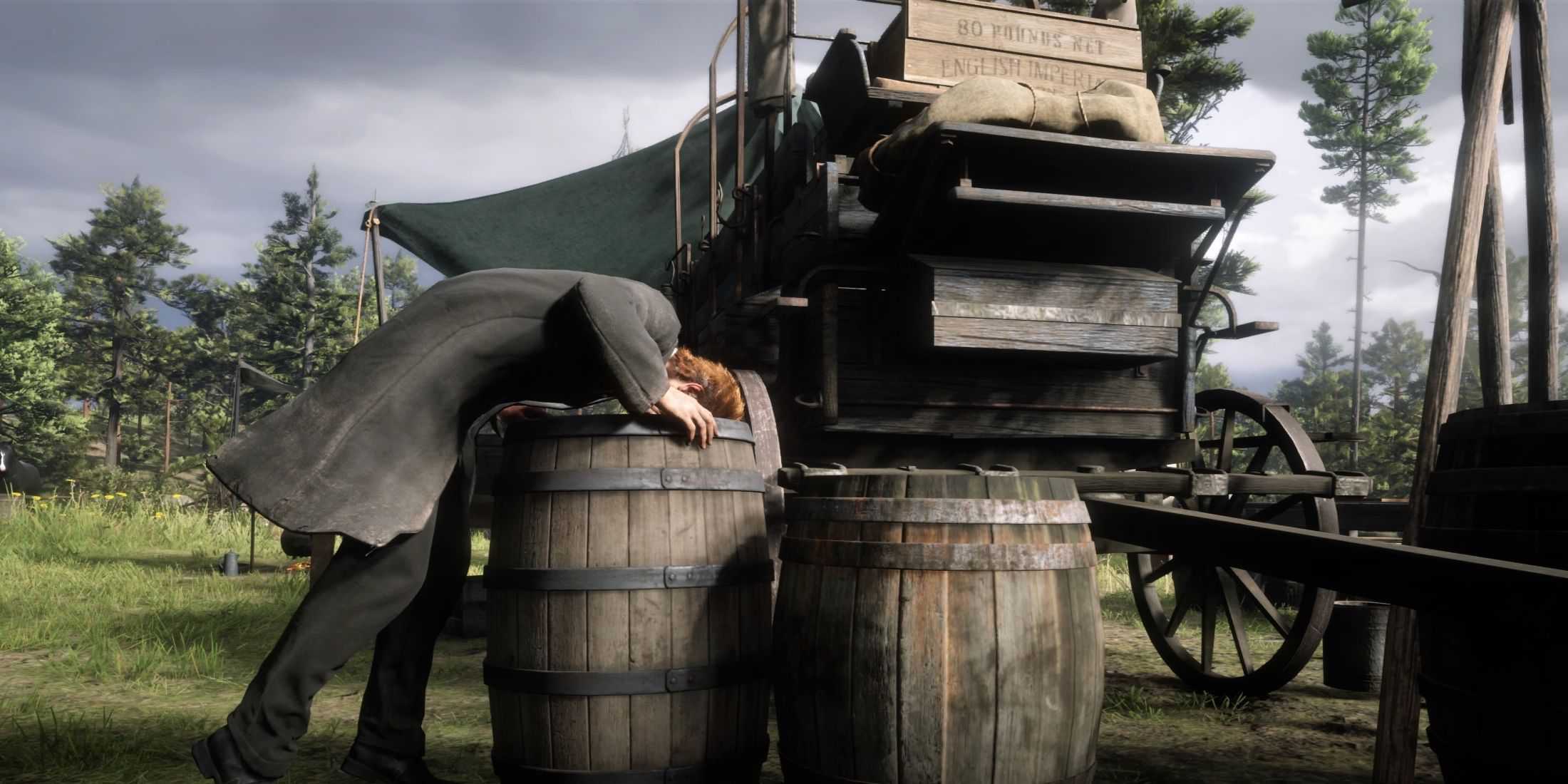 Red Dead Redemption 2 - Reverend Swanson throwing up in a barrel next to a cart