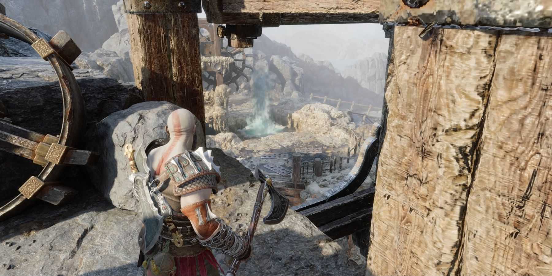 Kratos aims the Leviathan Axe at a geyser in God of War Ragnarok