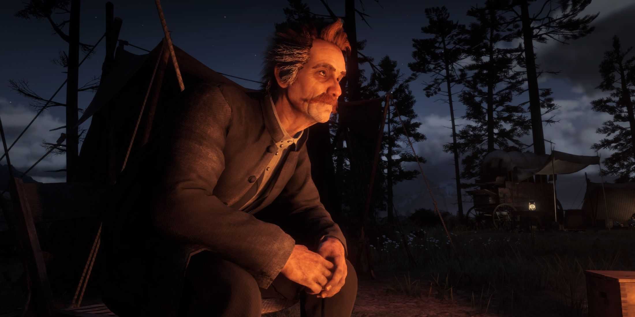 Red Dead Redemption 2 - Reverend Swanson sitting by the fire in camp