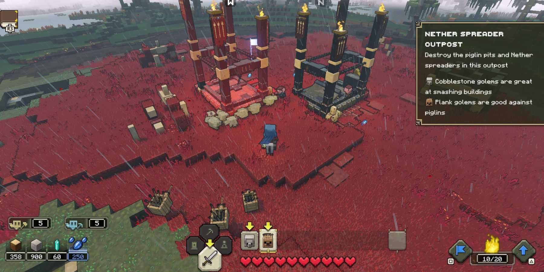 Destruindo estruturas do Piglin Outpost em Minecraft Legends