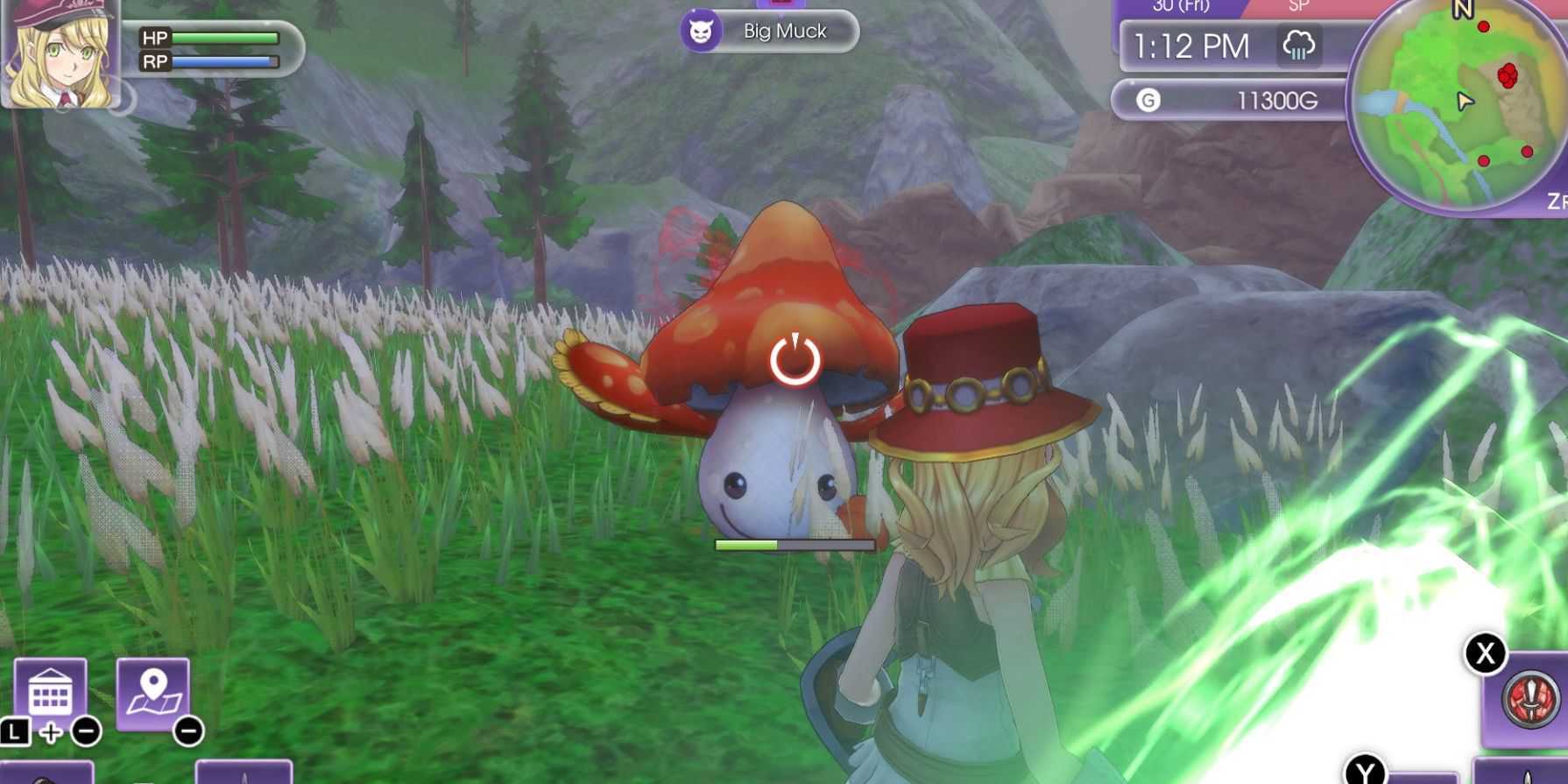 A girl in a red hat lassos a Big Muck to capture it in Rune Factory 5