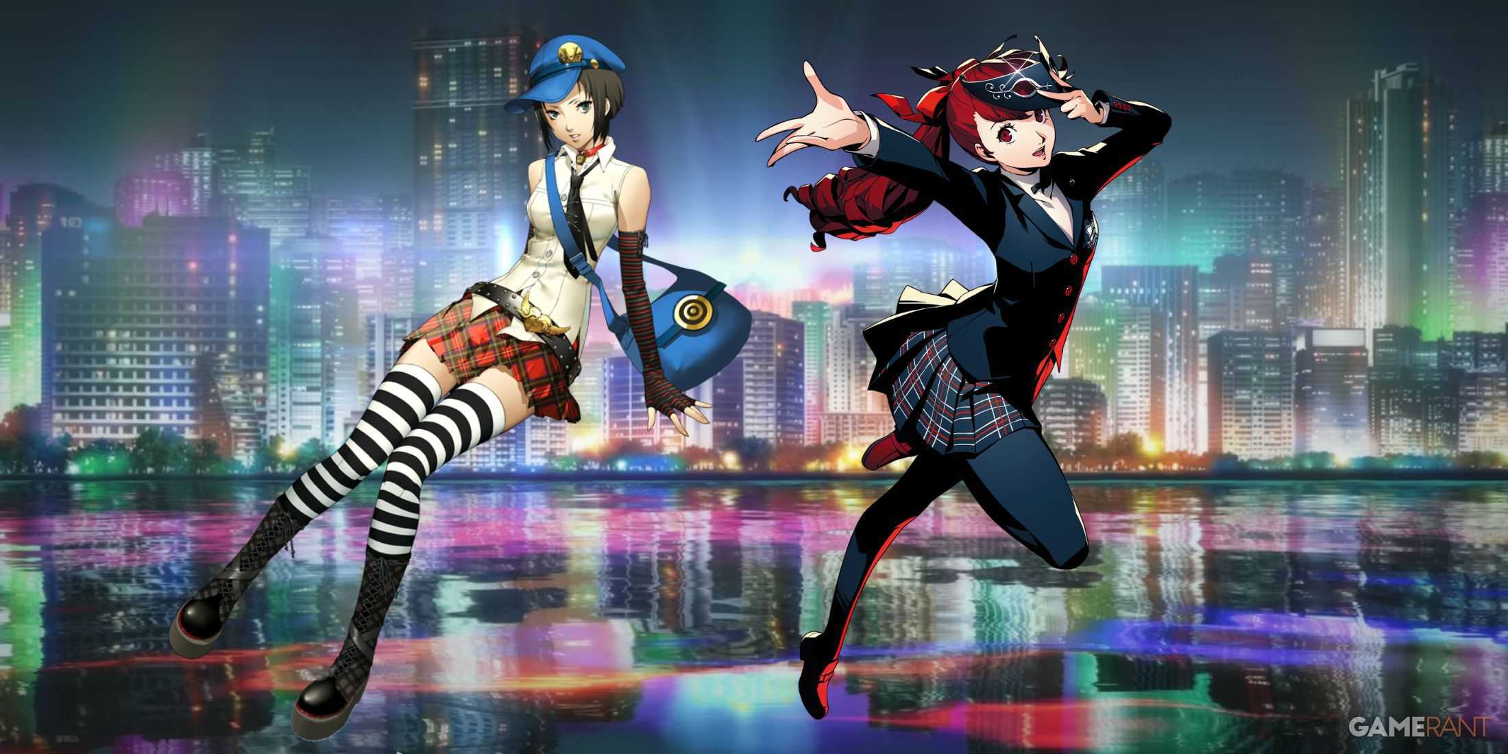 Marie and Kasumi Yoshizawa from Persona 4 Golden and Persona 5 Royal respectively. They are depicted on a background which is Sae Nijima's city casino palace from a cutscene in Persona 5.