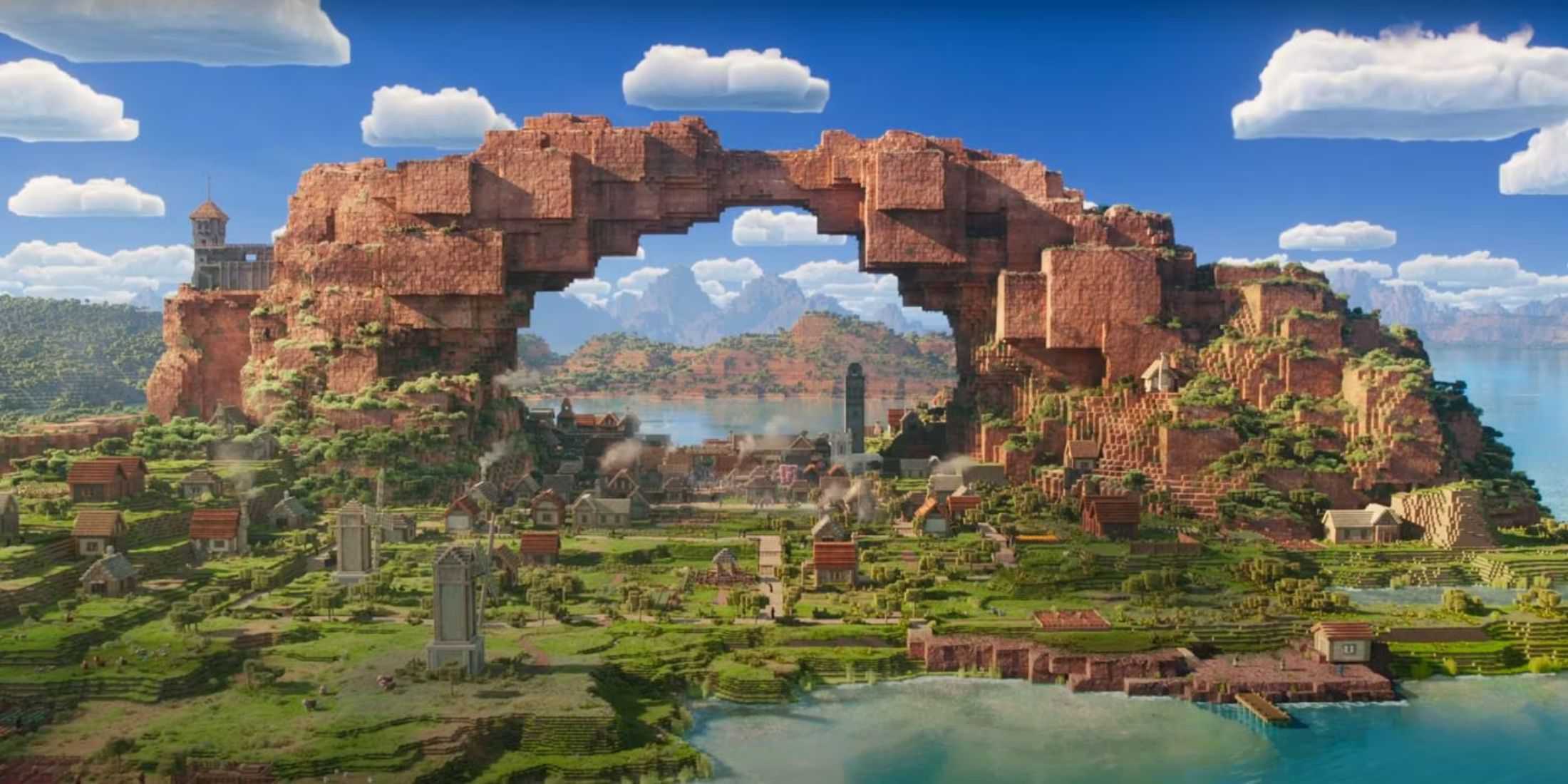 A landscape seen in the Minecraft movie trailer