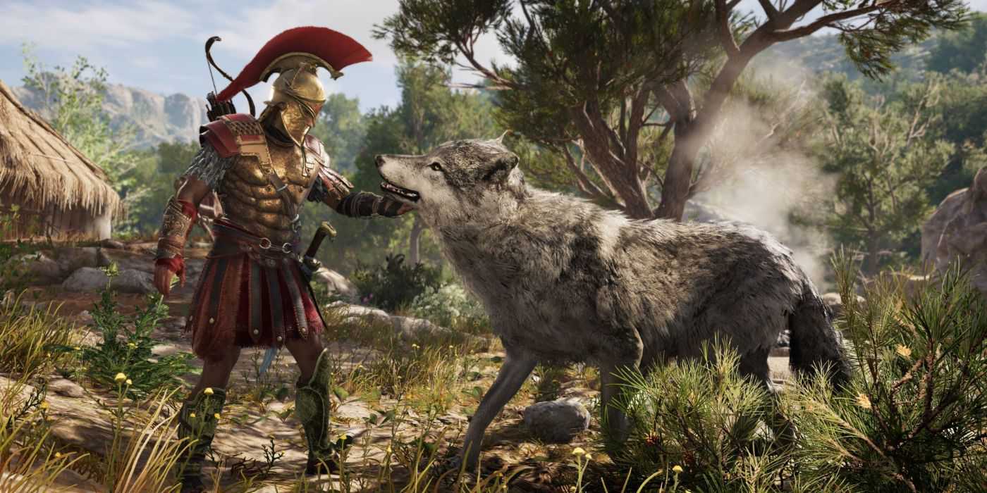 Uma imagem do personagem do jogador acariciando um lobo em Assassin's Creed Odyssey(1)