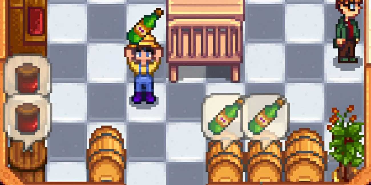 Um fazendeiro em sua cozinha segurando suco enquanto barris próximos produzem mais suco em Stardew Valley