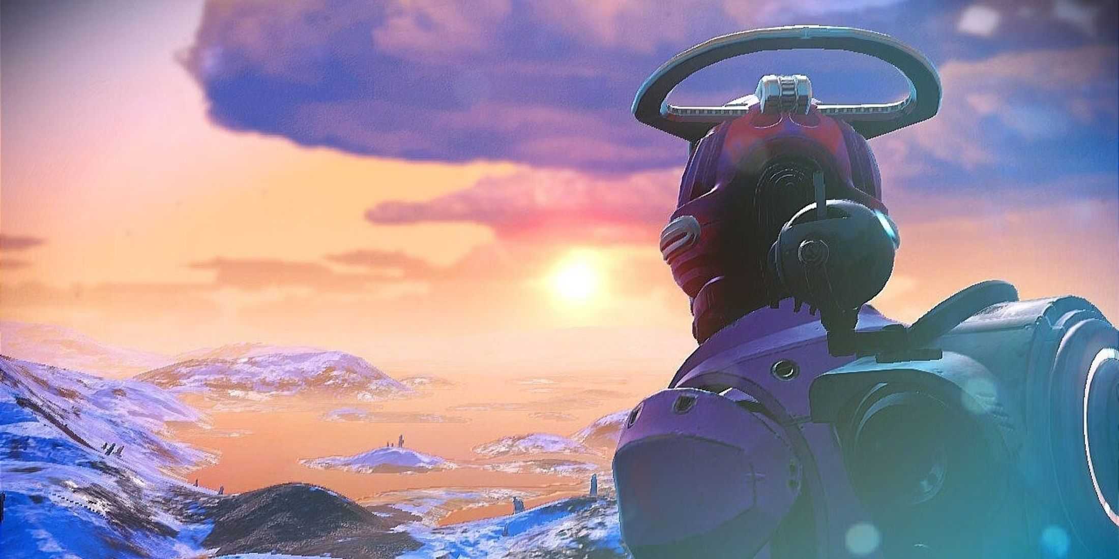 No Man's Sky character looking into the sunset