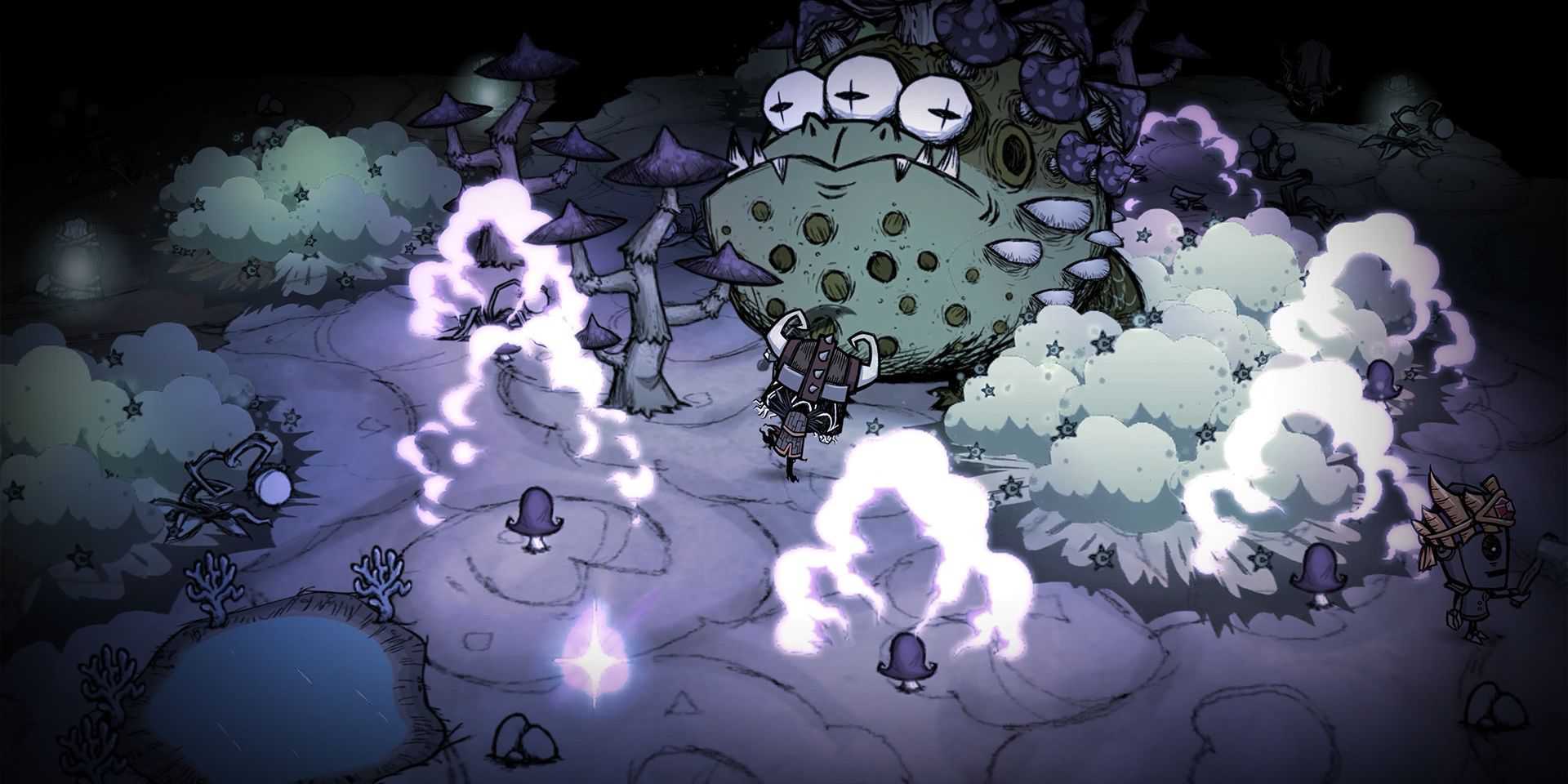 Lutando contra um sapo gigante com três olhos em Don't Starve