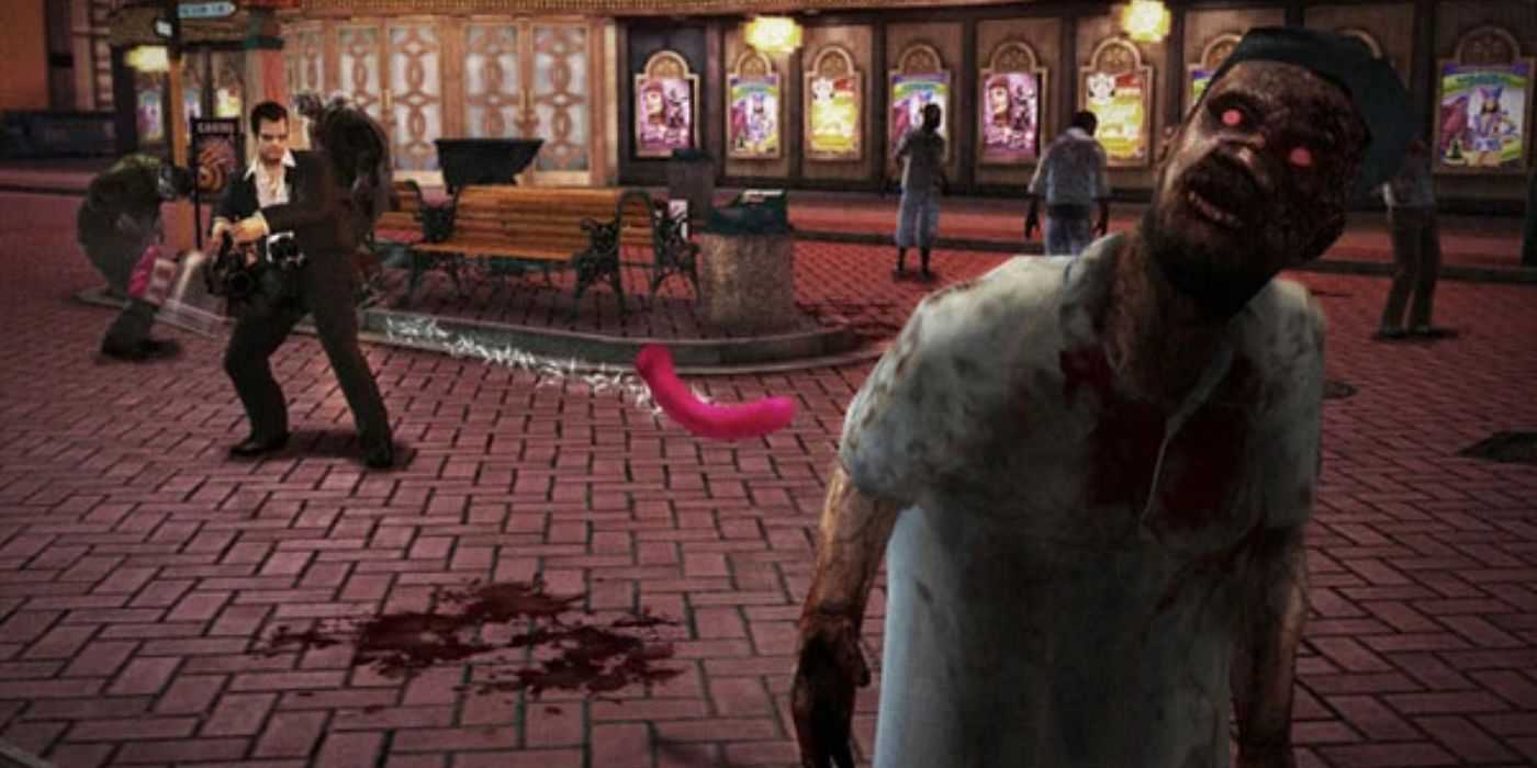 An image of Frank West using the Super Massager weapon in Dead Rising: Off the Record 