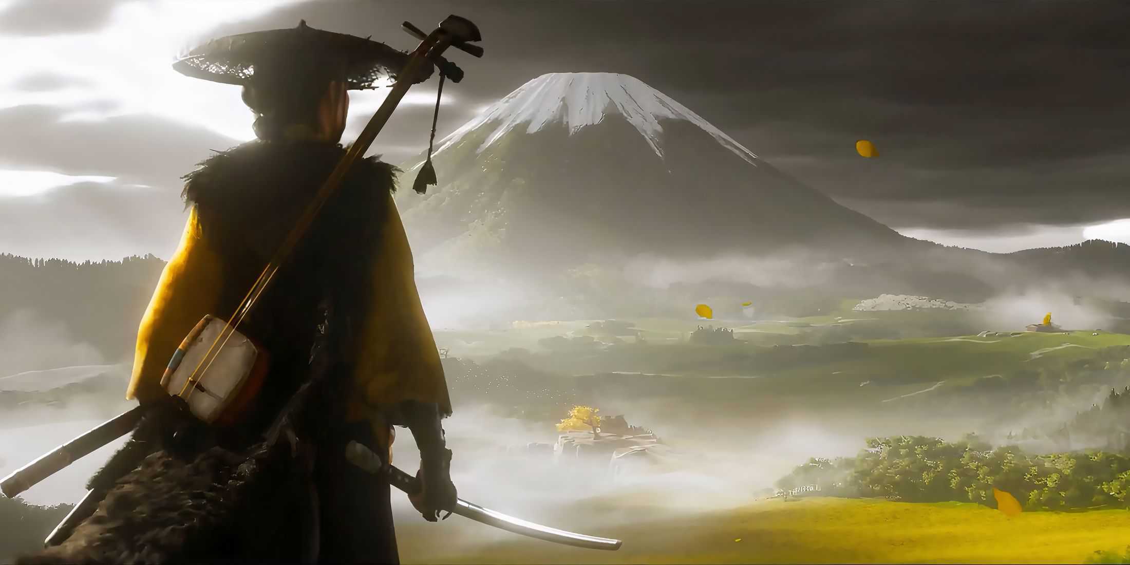 Atsu looking at Mount Yotei in the distance in Ghost of Yotei-1