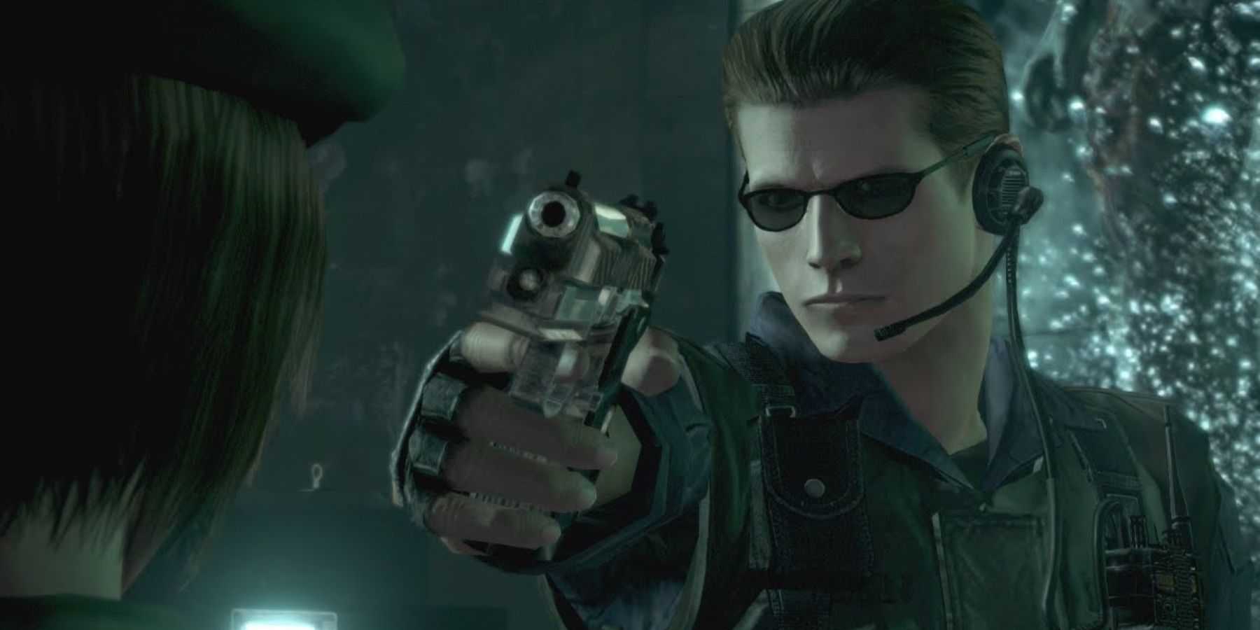 Albert Wesker threatens Jill Valentine in Resident Evil 1