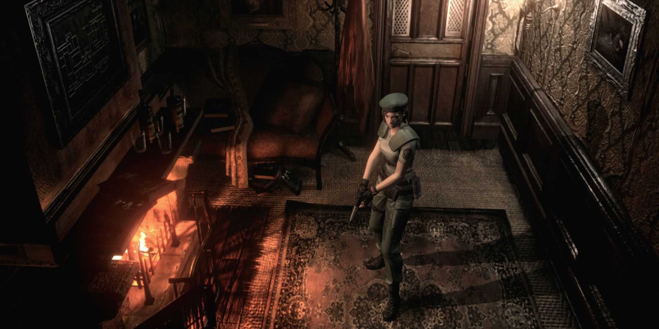 Jill Valentine standing in a room of a mansion