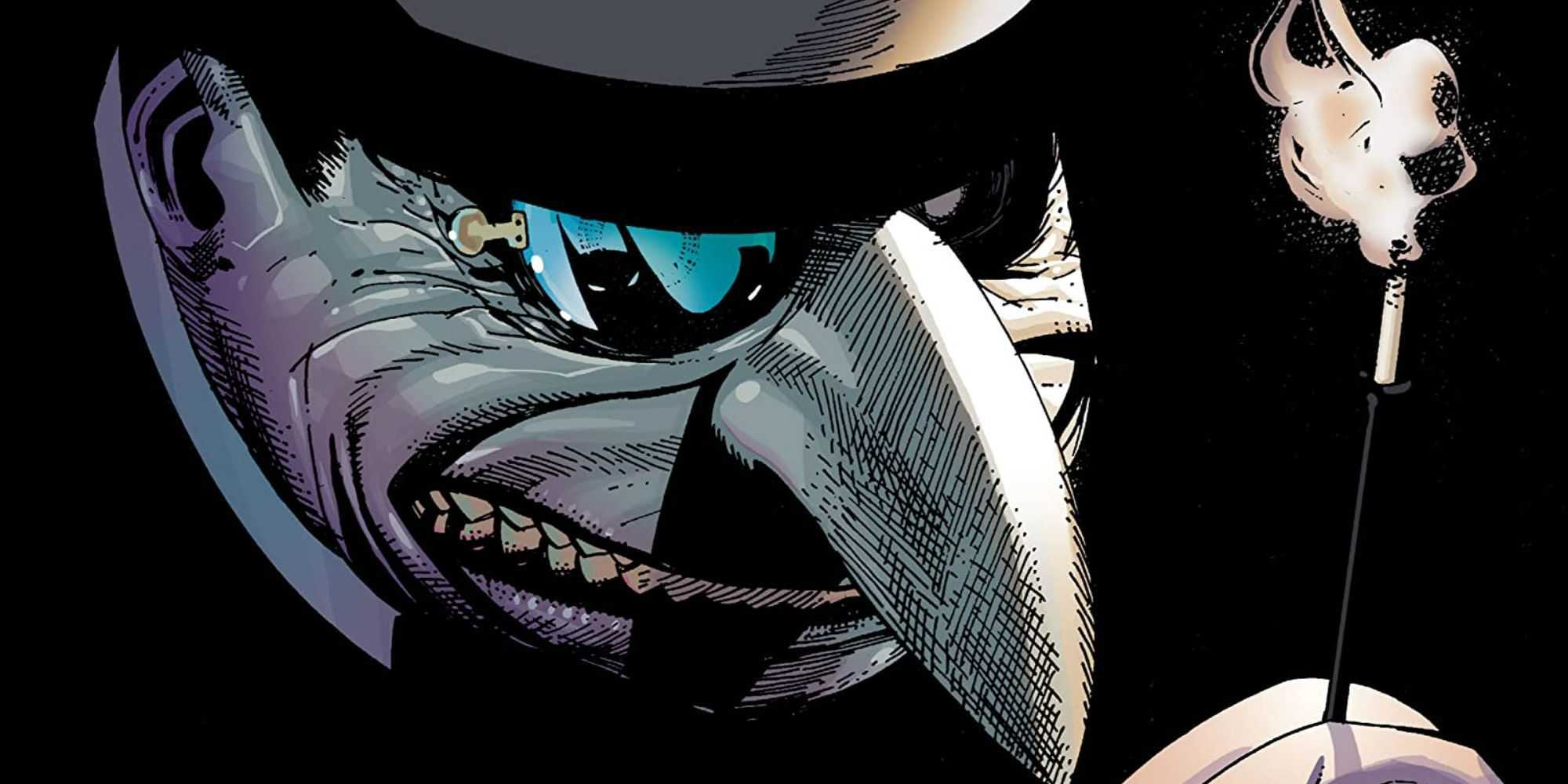 Closeup of the Penguin with Batman reflected in his monocle in Joker's Asylum: Penguin #1