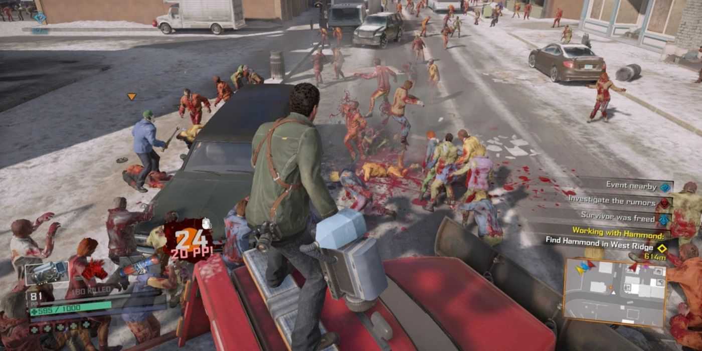 An image of Frank West using the Suckmaster 3000 combo weapon in Dead Rising 4