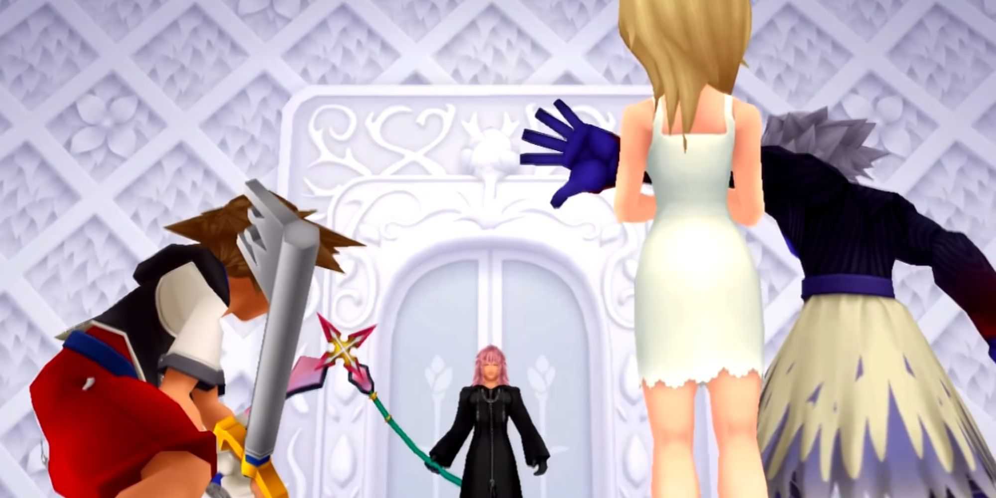 Sora, Riku Replica and Namine confront Marluxia at the top of Castle Oblivion in Kingdom Hearts Re: Chain of Memories