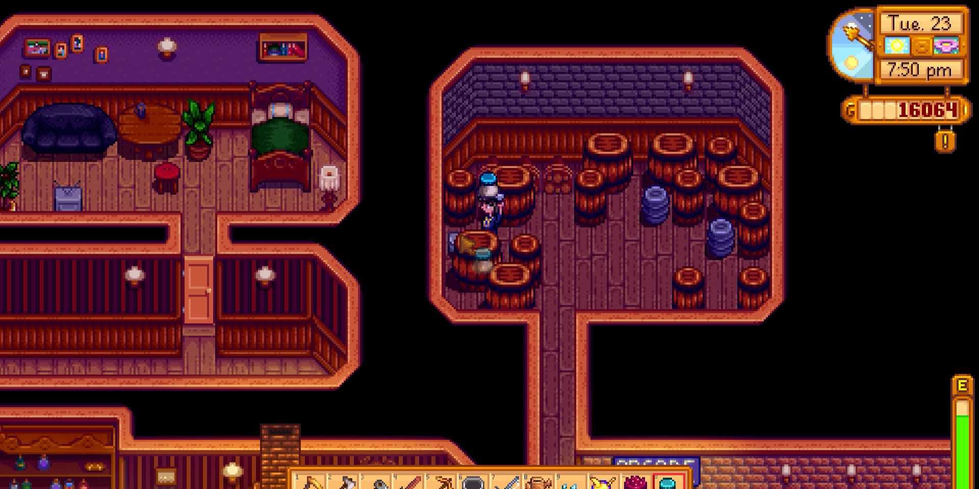 Imagem de um personagem colocando maionese de pato em uma caixa no Saloon em Stardew Valley