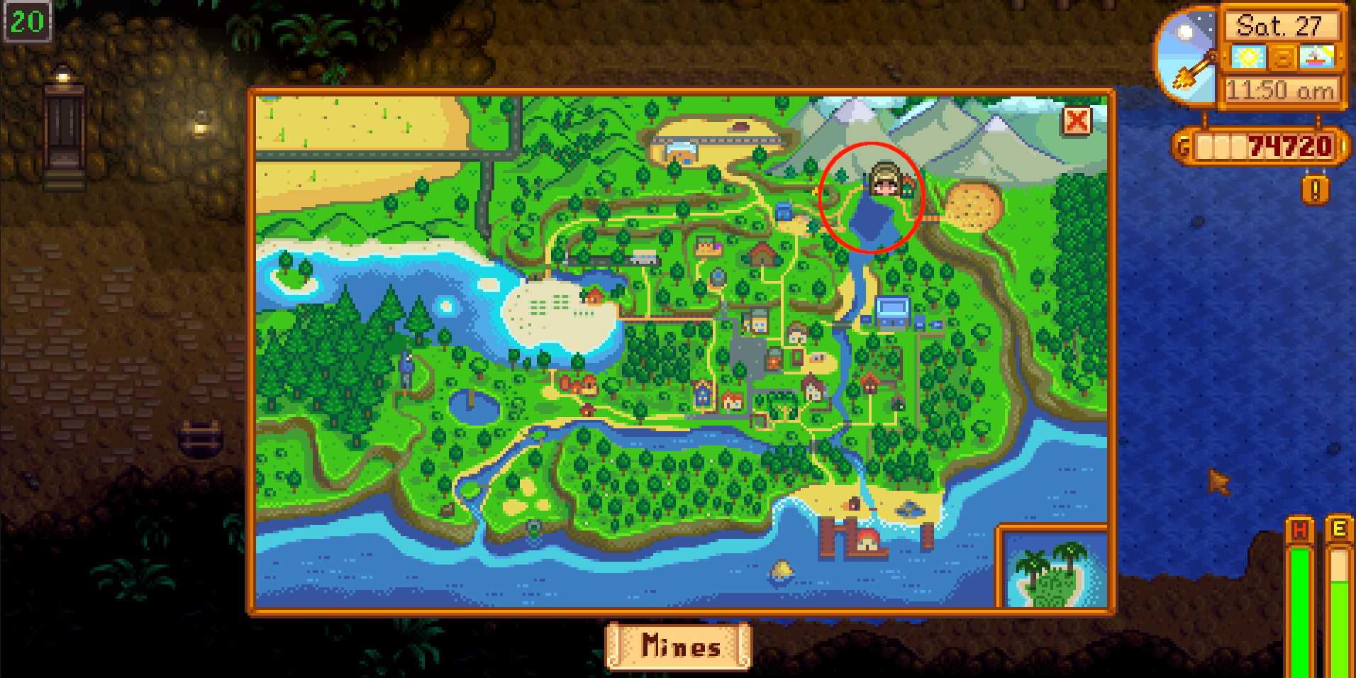 Imagem do mapa em Stardew Valley mostrando a localização das Minas