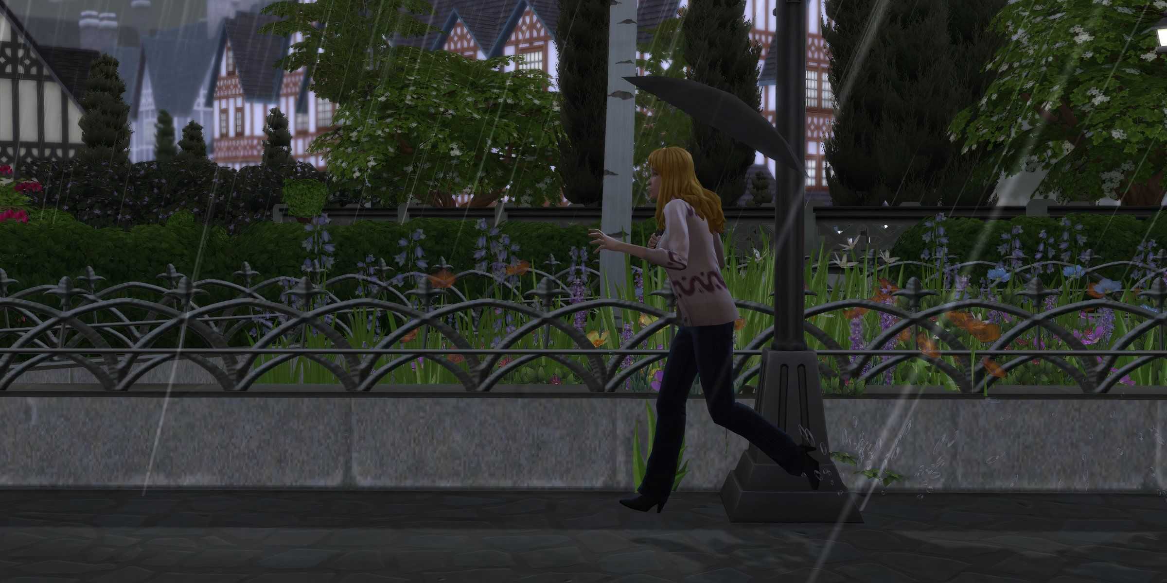 Sim with umbrella running in rainstorm