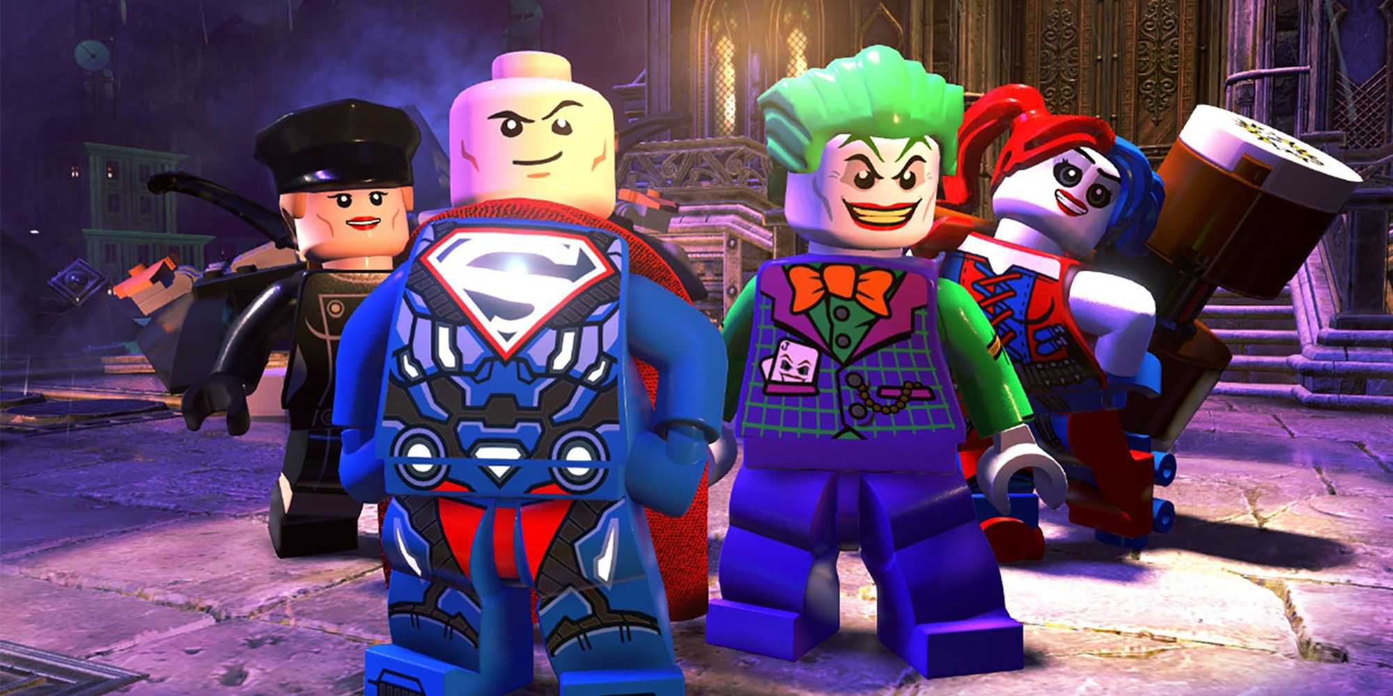 Lex Luthor, Harley Quinn, The Joker, and Mercy Graves in LEGO DC Super-Villains