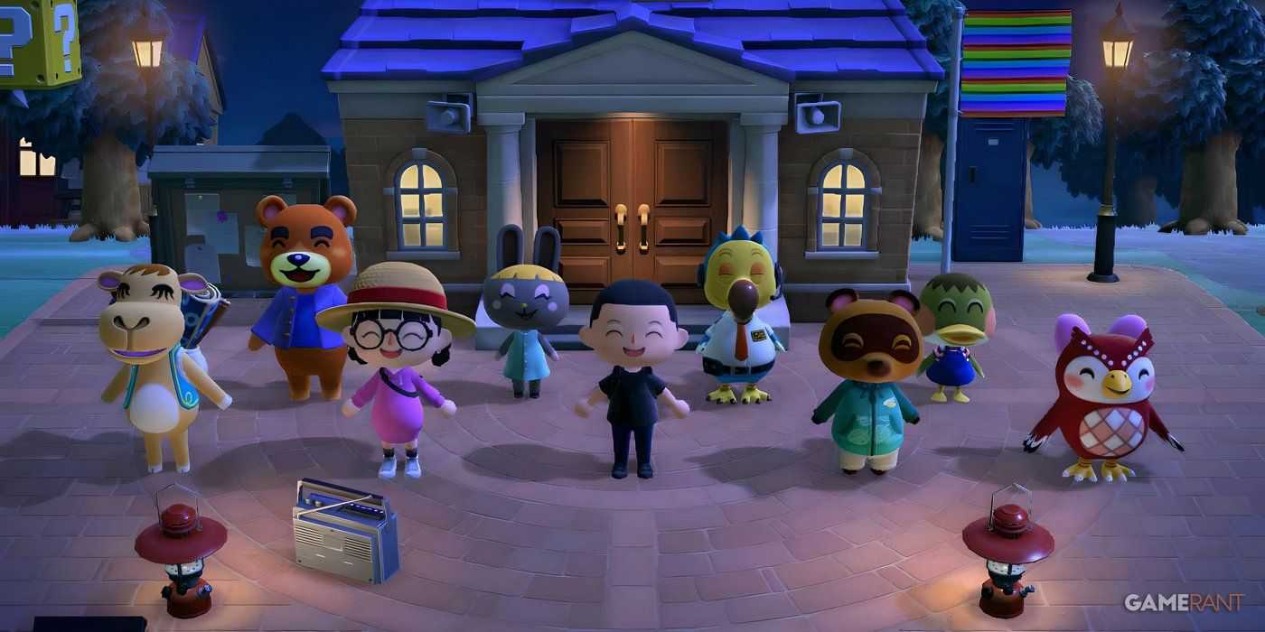 Alongamento comunitário com vários moradores de Animal Crossing