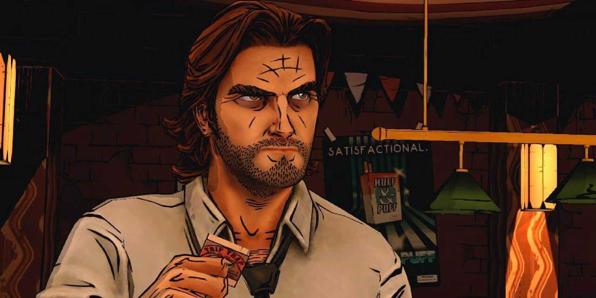 Bigby Wolf fica no ar, fixando um personagem fora da tela com um olhar de suspeita em The Wolf Among Us