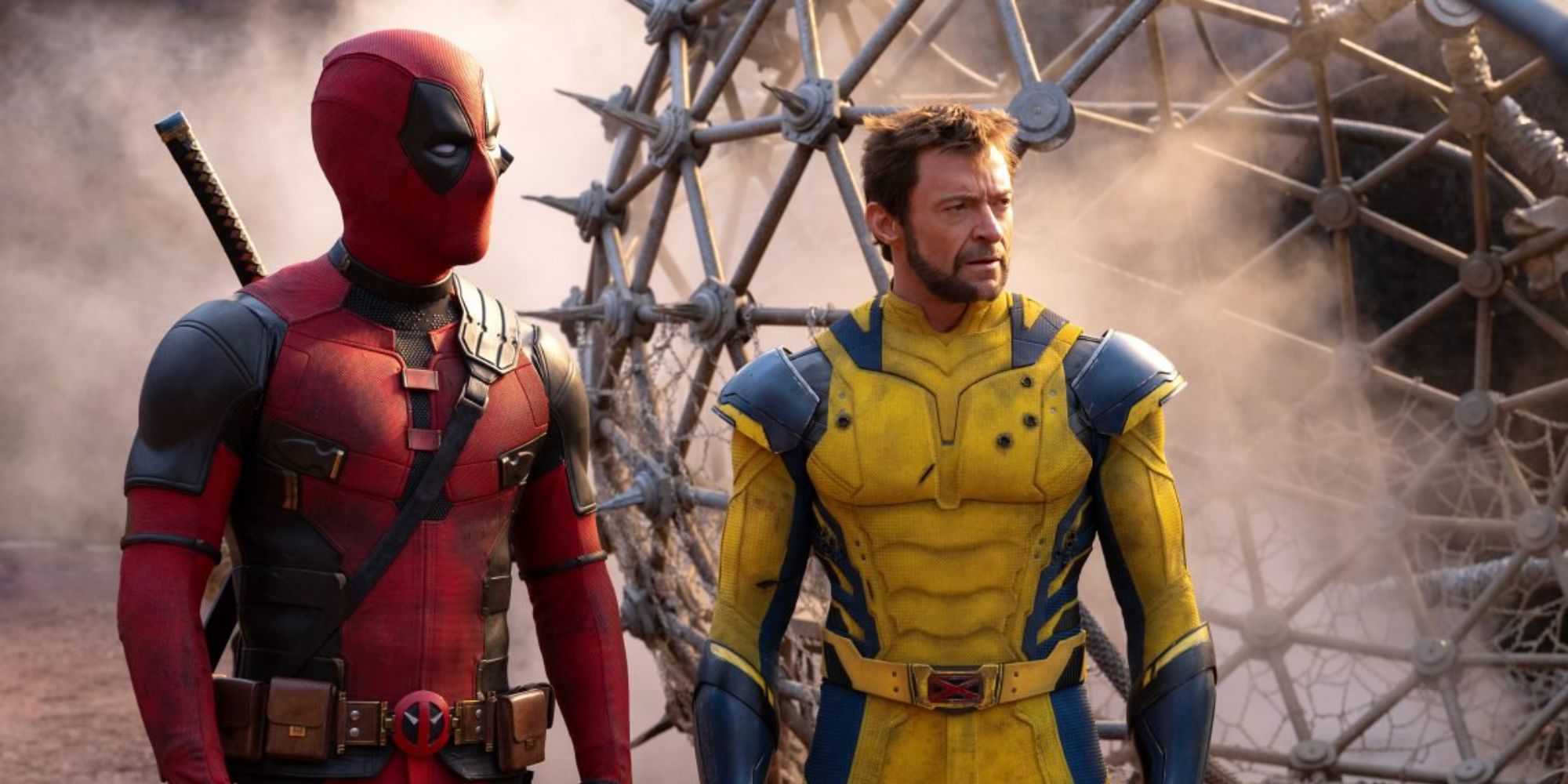 Ryan Reynolds and Hugh Jackman standing next to each other in Deadpool & Wolverine 