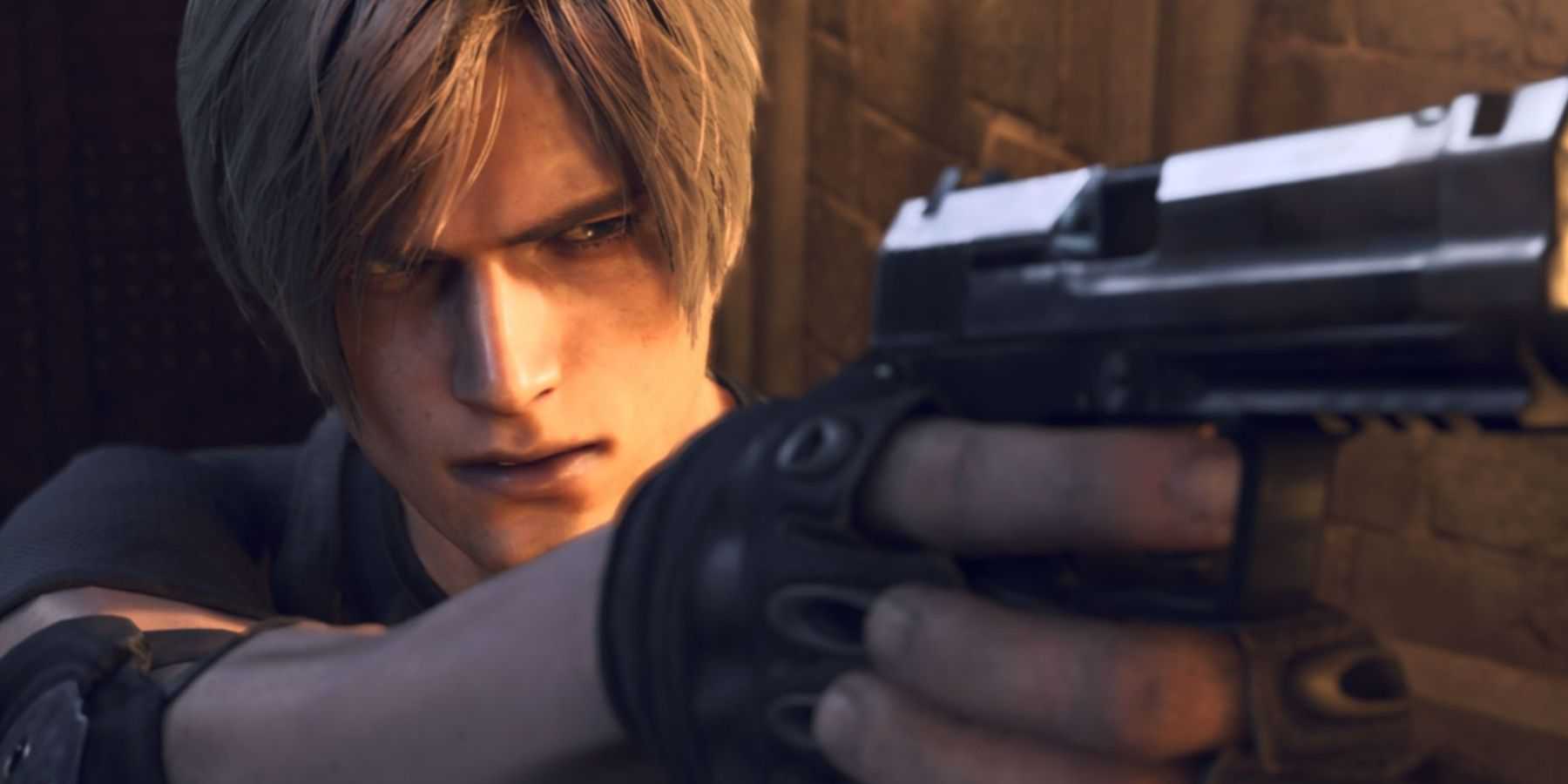 Resident Evil 4 Remake Leon S Kennedy apontando uma pistola