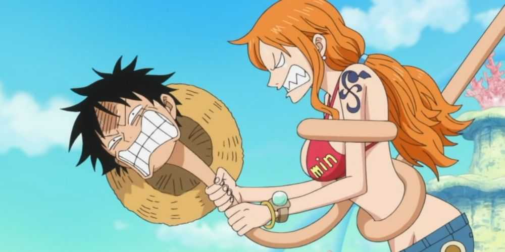 Nami lutando contra Luffy porque ele quer ir para algum lugar perigoso