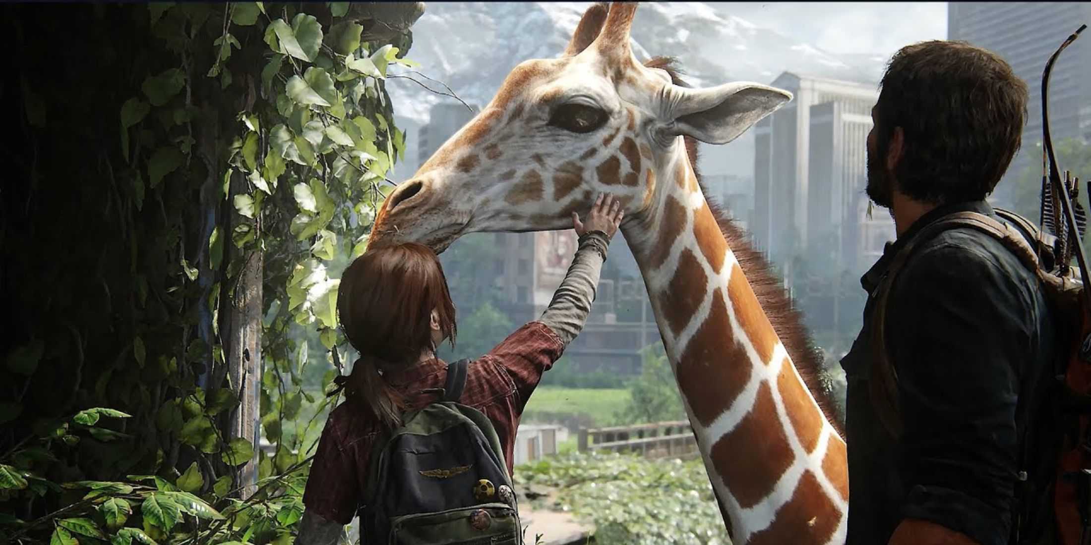 ellie and joel petting the giraffe in The Last of Us