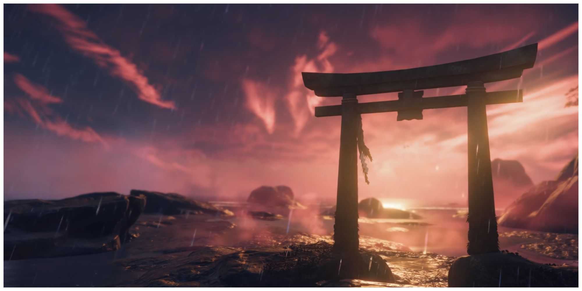 Ghost of tsushima gate near the ocean in rain and sunset