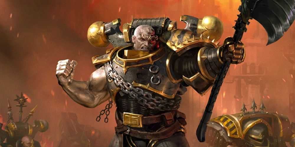 Warhammer 40k: Fuzileiros Navais Espaciais do Caos Mais Fortes que Não São Primarcas Honsou irritados com seu punho e machado