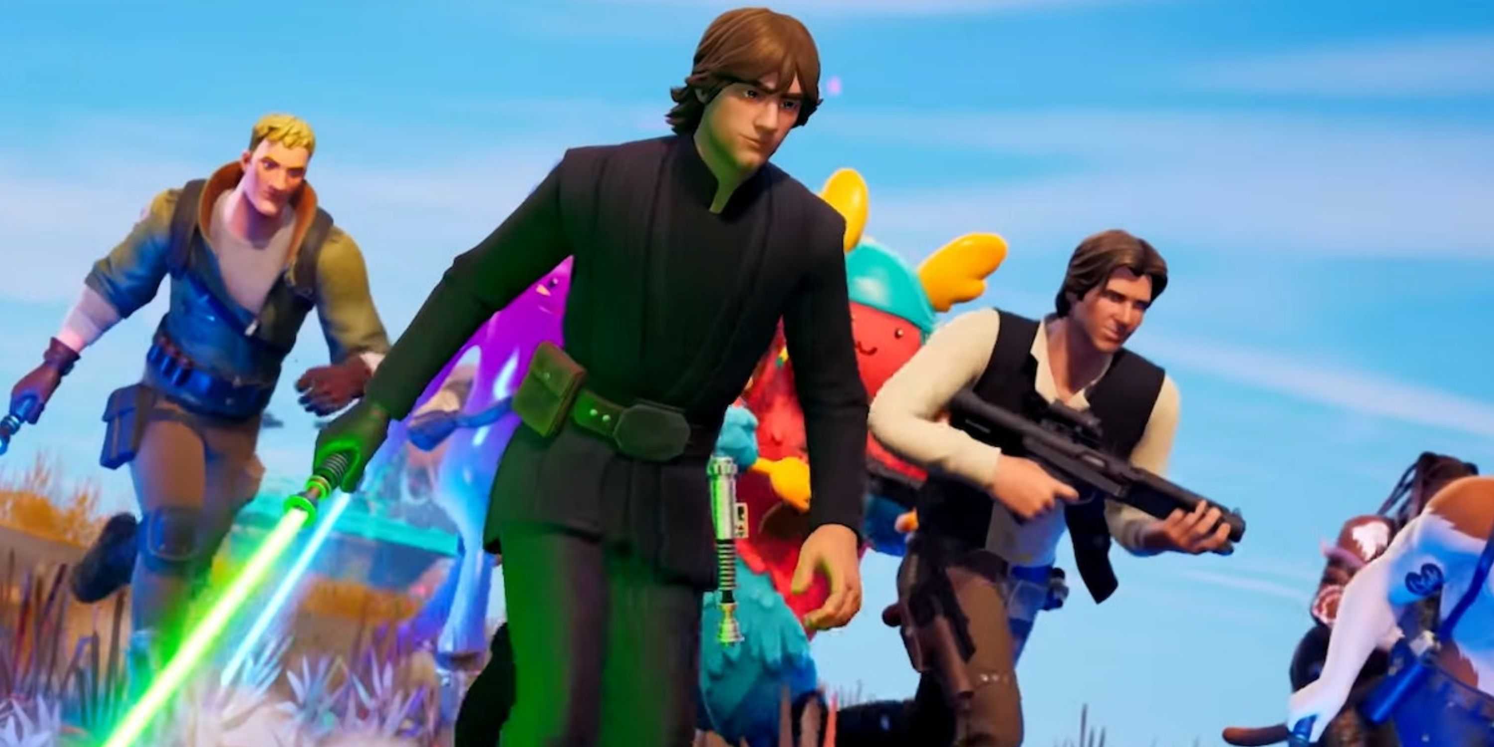 Luke Skywalker com seu sabre de luz e Han Solo em Fortnite