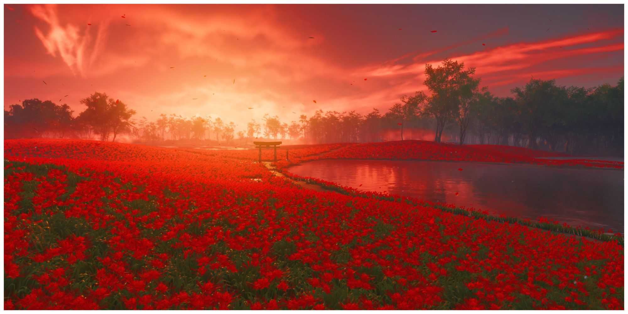 Ghost of tsushima open field red flowers and gate screenshot