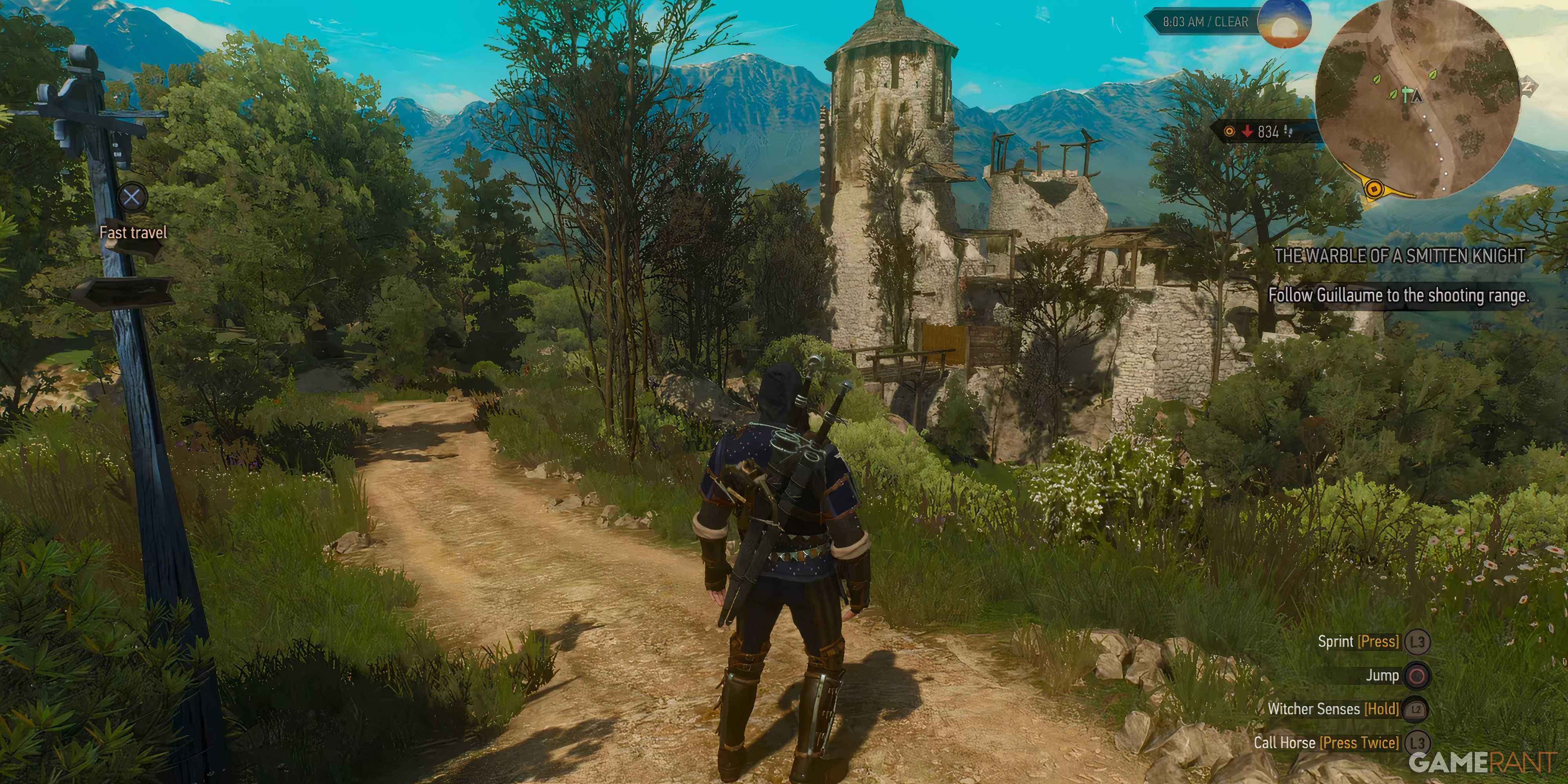 Geralt looking at an old ruin in The Witcher 3