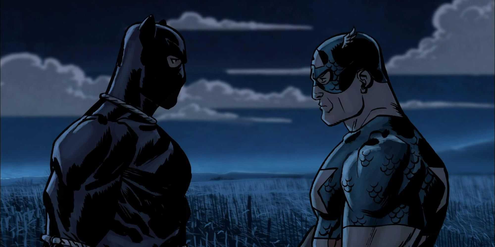 Black Panther confronting Captain America at night