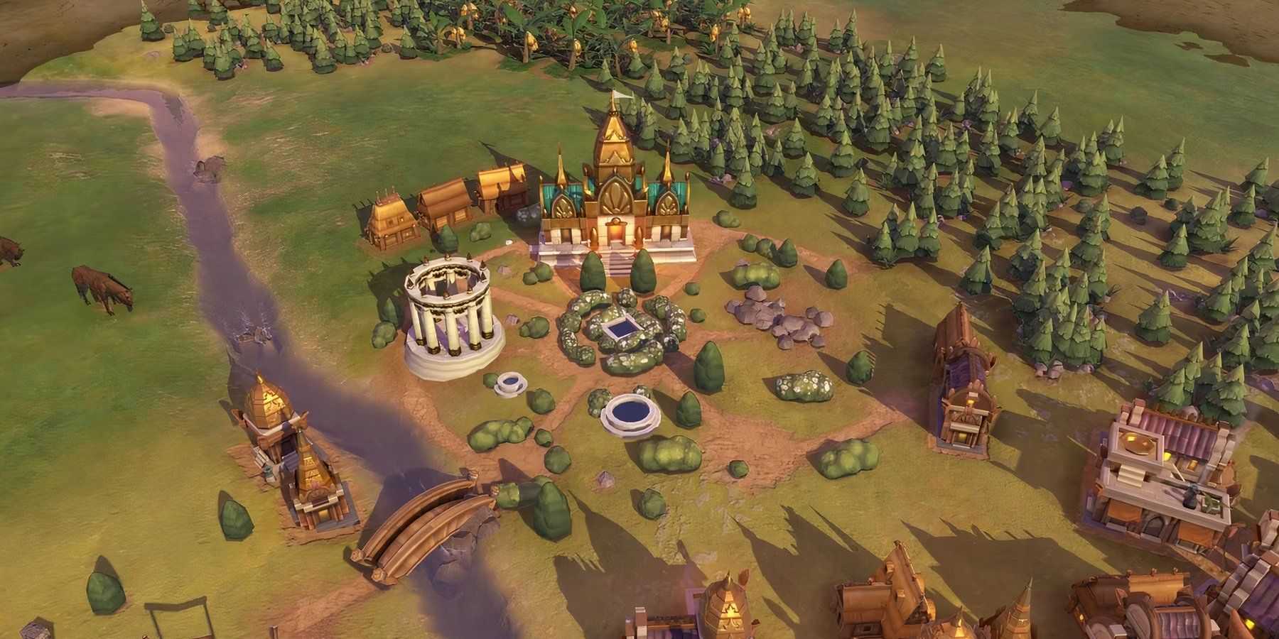 A depiction of a religious district in a Civilization 6 city.