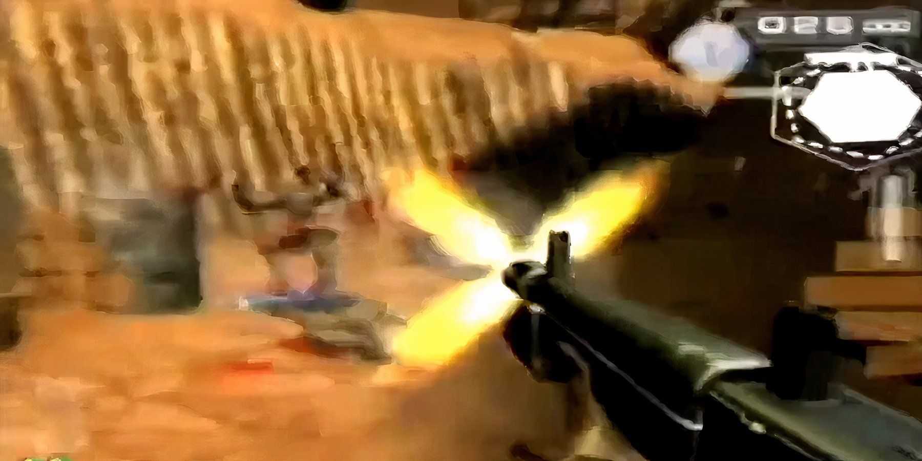 the player shooting at an enemy in a trench