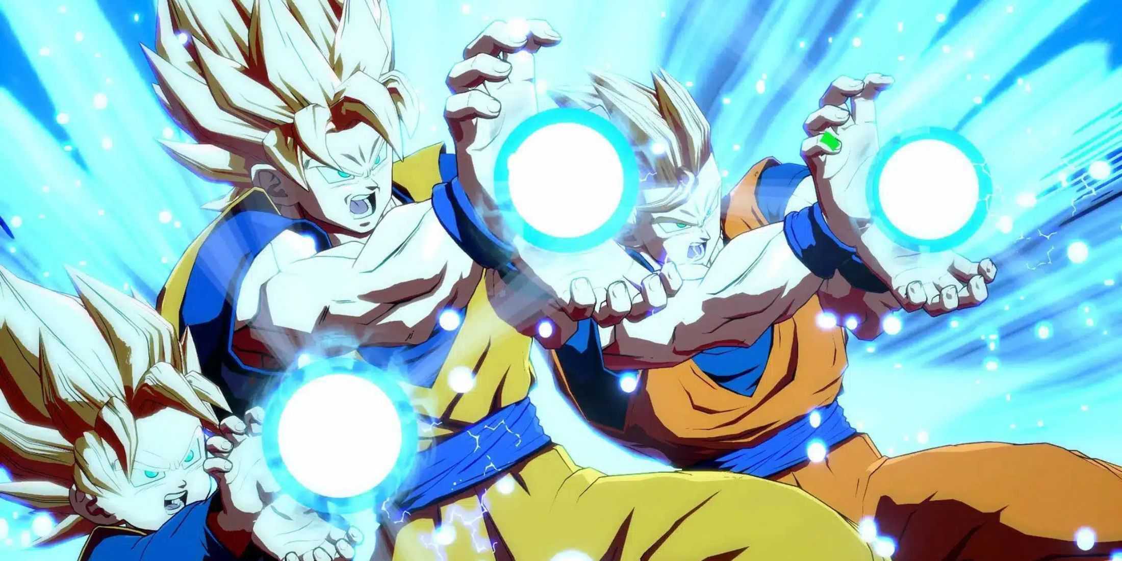 Goku, Gohan, and Goten performing the Family Kamehameha as depicted in Dragon Ball FighterZ