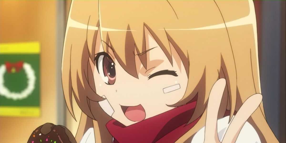 Taiga Aisaka from Toradora! smiling with a peace sign held up.