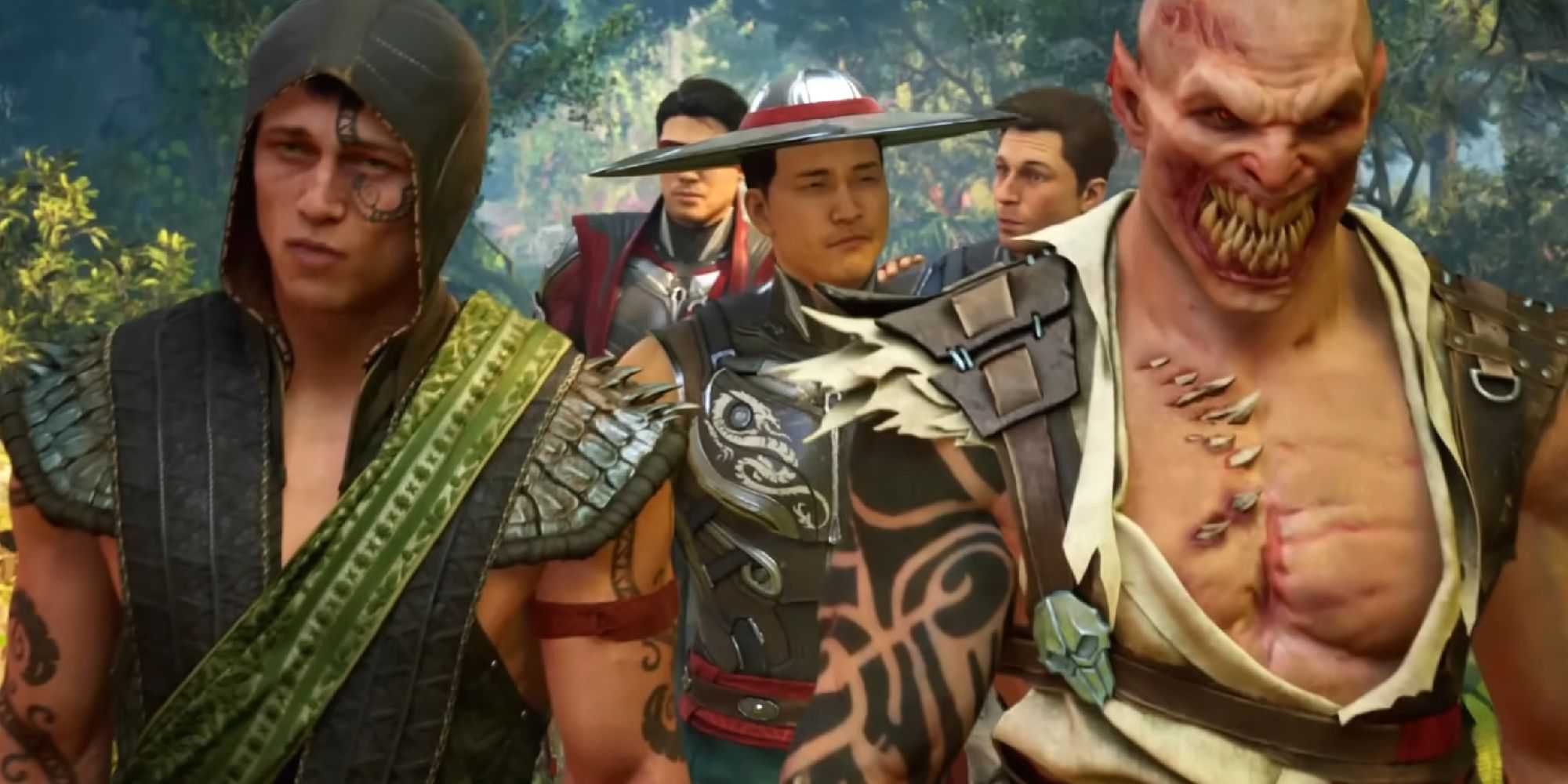 Earthrealm fighters moving through the Living Forest in Mortal Kombat 1